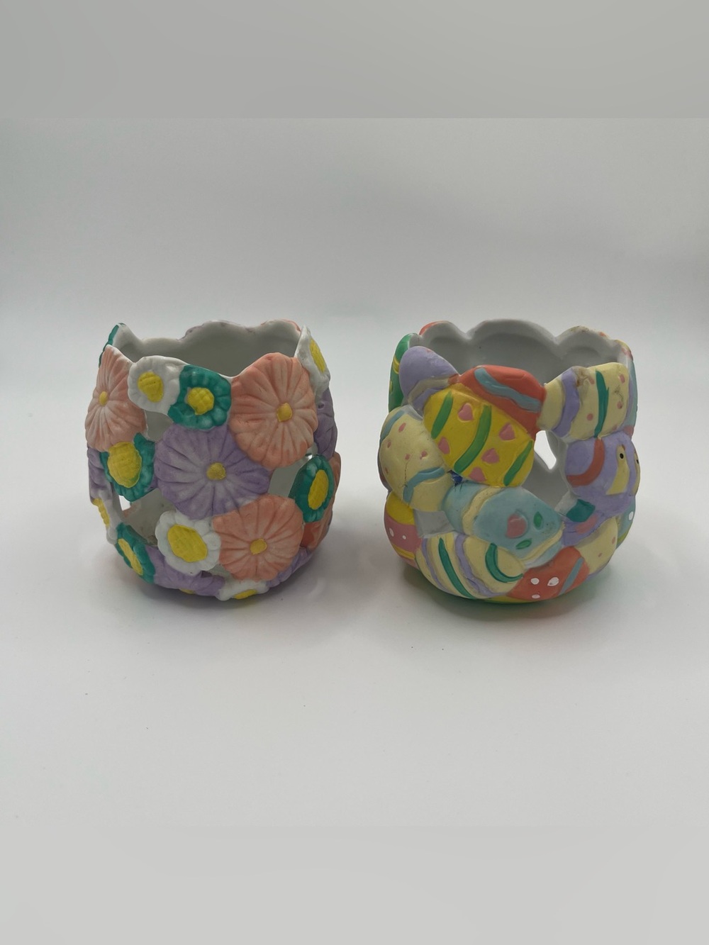 Vintage Bisque Easter Egg Spring Flowers Luminary Candle Holders - Set of 2